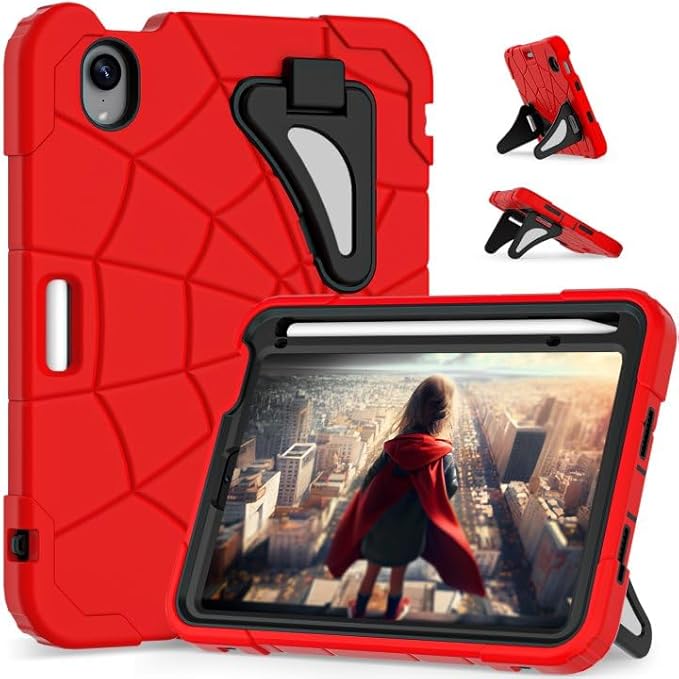 Kids Case for iPad mini 7 A17 Pro 2024/ Mini 6 8.3 inch Spider Case for iPad mini 7th 6th Generation Shockproof Durable Full Protective Cover with Pencil Holder Kickstand (Red+Black)