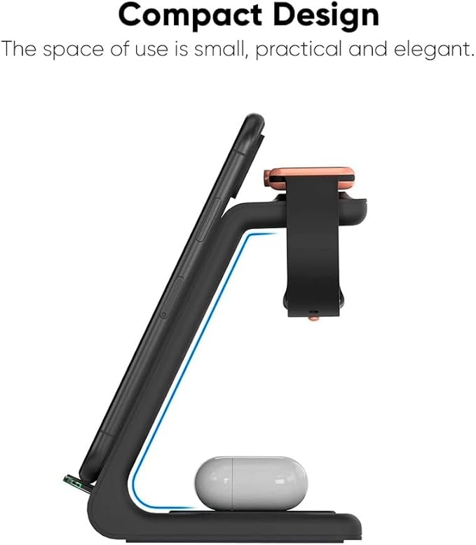 LUNOX 3 in 1 Magnetic Wireless Charger Foldable Fast Charging Station USB-C Portable Charging Stand for Smartphone Smartwatch and Earbuds Compact Desk and Travel Charger Black &amp White