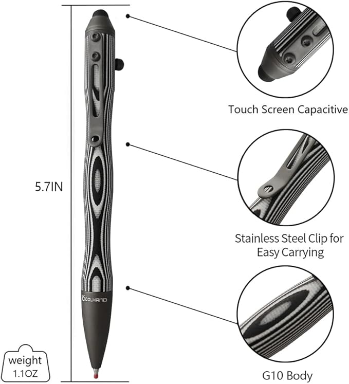 Cool Hand 5.7'' Bolt Action Pens EDC Ballpoint Ink Refillable Stylus for Touch Screen G10 Body w/Pocket Clip Ergonomic Grip with a Free Refill 5375-Z