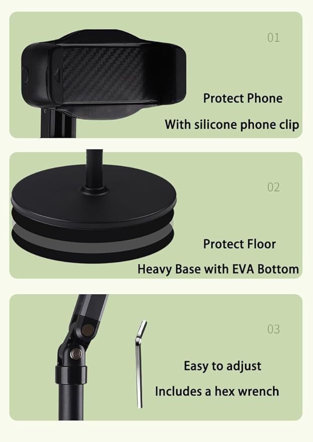 Phone Floor Stand for Recording Cell Phone Holder for Bed Adjustable Tall Stand with Ultra-Long Extension Arm 360° Swivel Compatible with iPhone Samsung and More