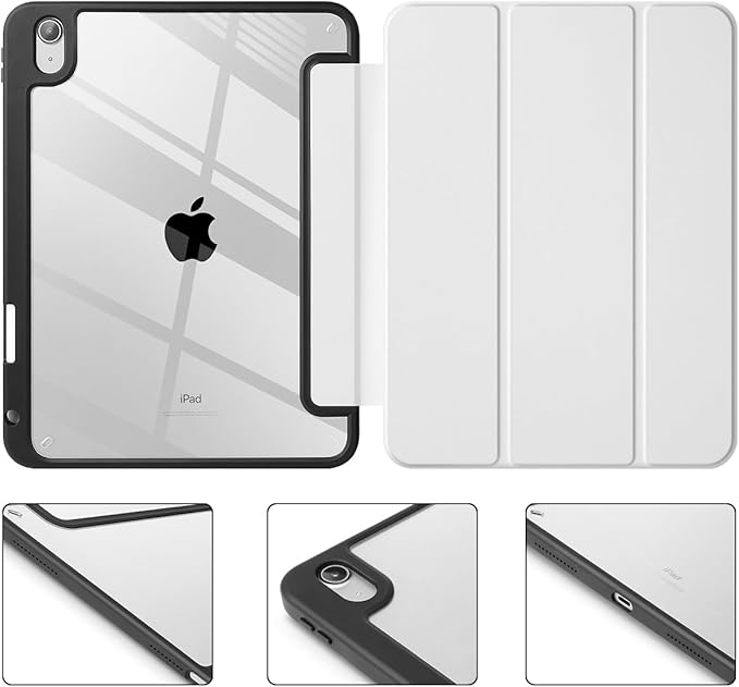 Tuiklol for iPad (A16 Chip) 11th Generation 11 inch 2025 / iPad 10th Generation 10.9 inch 2022 Case Buit in Pencil Holder with Clear Back Shell Cover Trifold Stand Auto Wake/Sleep White