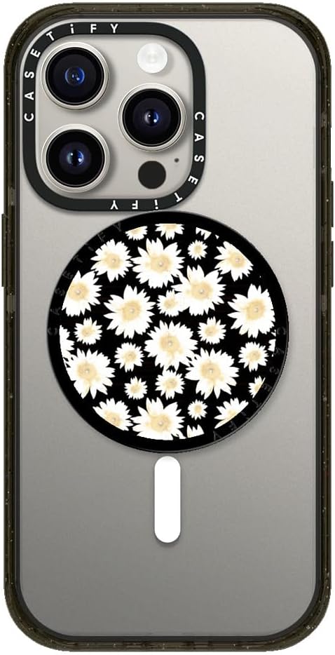 CASETiFY Snappy Grip Stand Compatible with Magsafe - White Daisies Pattern on Black