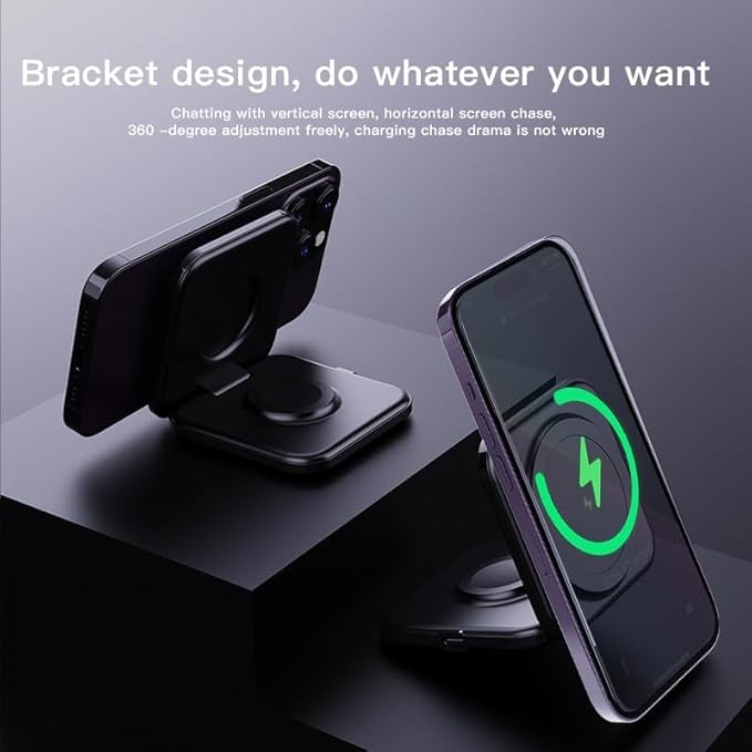 Meenova Foldable 3 in 1 Wireless Charger Compatible with MagSafe Apple iPhone 15 14 13 12 Watch AirPods Lightweight PortableStrong Magnetic Attraction Suitable for Outdoor Offices etc. (Black)
