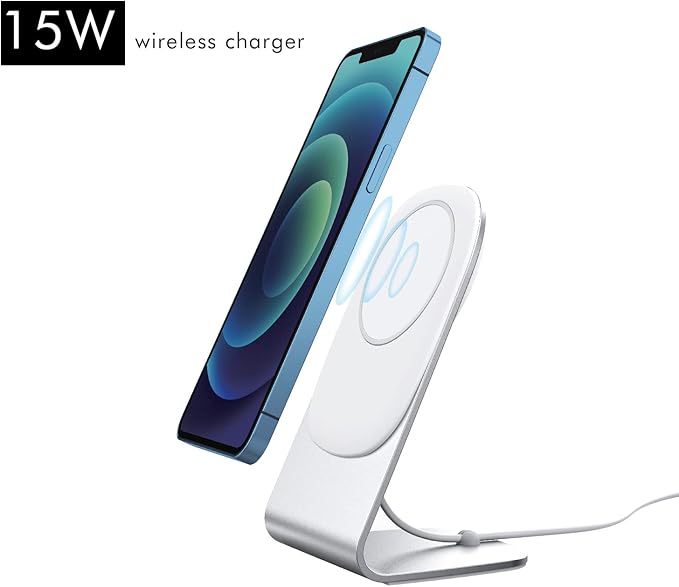 Magnetic Wireless Charger Fast 15W Wireless Charging Station/Pad Qi-Certified Compatible with iPhone 13/12/11/11 Pro Max/XS Galaxy S20/S10 AirPods 3 Silver