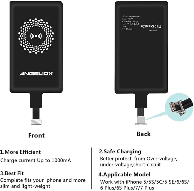 ANGELIOX Wireless Charger Pad Charging Receiver Compatible with iPhone 7/7 Plus / 6/6 Plus / 6s / 5Se / 5s / 5c / 5(Wireless Charging Receiver Included)