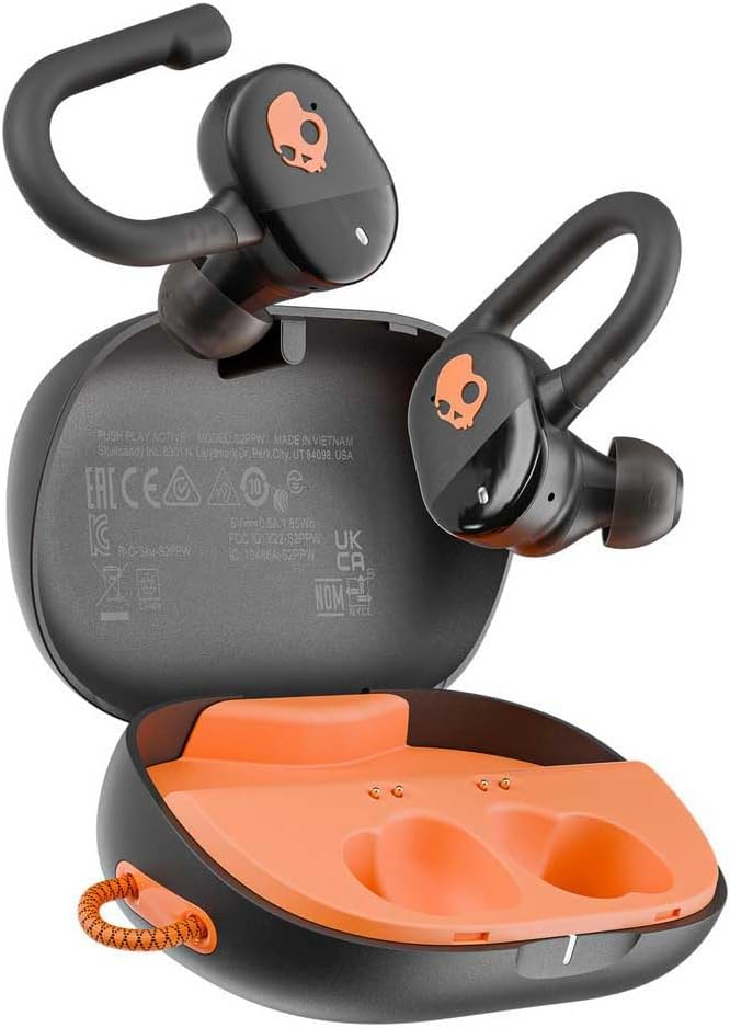 Skullcandy Push Play Active Wireless Earbuds Bluetooth Headphones Noise Isolating Fit 34 Hrs Battery Secure-Fit Over-Ear Hanger Sweat Water Resistant Microphone for iPhone Android - Black/Orange