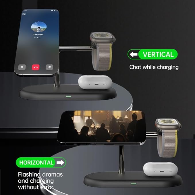 4 in1 Magnetic Wireless Charging Stand 15W Fast Chargingwith Neutral Light Design for iPhone 17/16、15/14/13/12 Series iWatch and Sansung Watch Airpods and Samsung TWS (T256-Black)