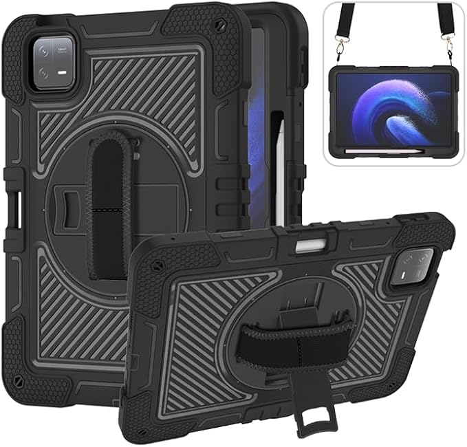 Tablet Case for Xiaomi Pad 6 Pro/Xiaomi Pad 6 23043RP34C 23043RP34G 11.0 inch Tablet Shockproof Cover with 360° Rotating Stand and Wrist Strap Shoulder Strap Completely Black