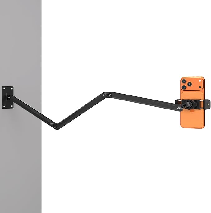 Wall Mount Phone HolderPhone Holder for Desk Bed3-Stage Aluminium iPhone StandFoldable Extendable Arms Heavy Duty Drilling BaseCompatible with 3.5~7.5 iPhone/HTC/LG/Huawei/Galaxy/Smartphones