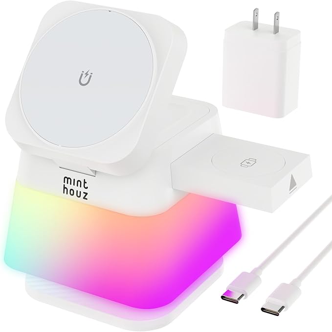 Minthouz 3 in 1 Charging Station for iPhone Wireless Charger for Apple MagSafe Charger with Night Light 360° Rotation Compatible with iPhone 16 15 14 13 12 Pro Apple Watch &amp AirPods Pro 4
