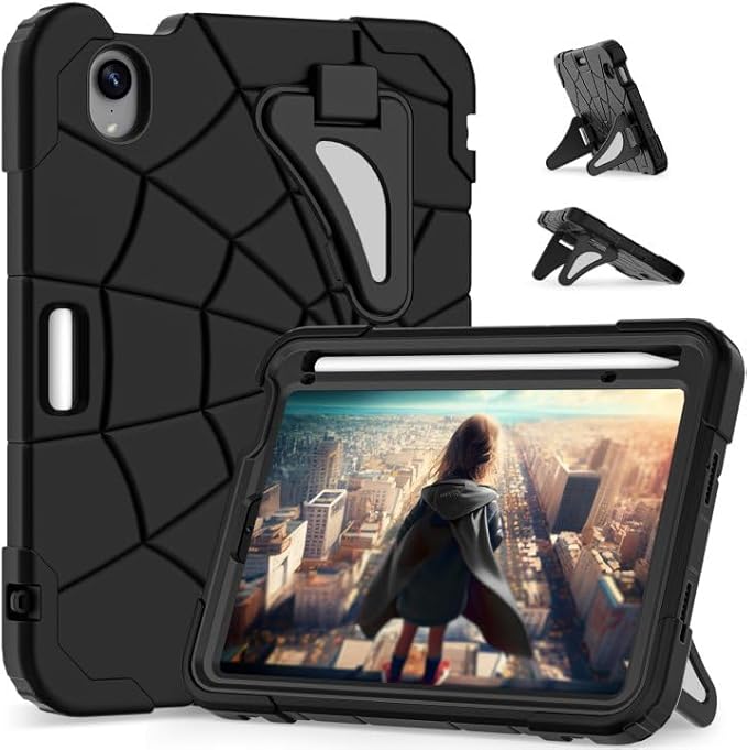 Kids Case for iPad mini 7 A17 Pro 2024/ Mini 6 8.3 inch Spider Case for iPad mini 7th 6th Generation Shockproof Durable Full Protective Cover with Pencil Holder Kickstand (Black+Black)