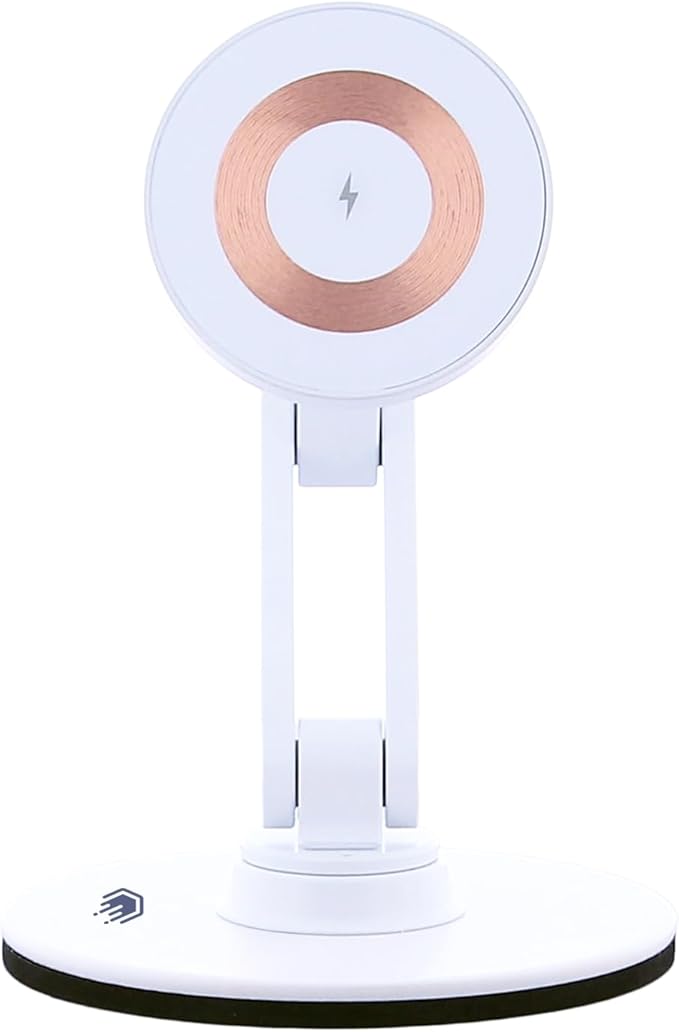 ClikDock Cell Phone Magnetic Wireless Charger Stand 360° Spin Aluminum Construction Compatible with MagSafe Phones for iPhone &amp Andriod (White)