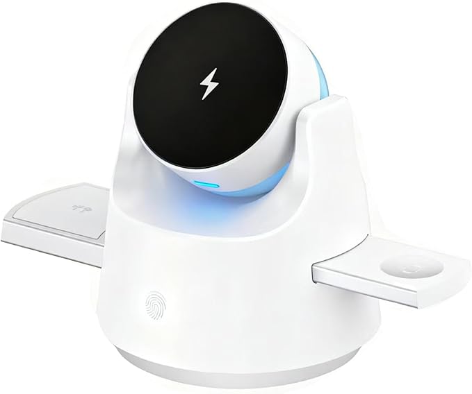 3-in-1 Wireless Charger for iPhone Apple Watch &amp AirPods Smart Wireless Charging Station with RGB Night LightMotorized Expandable Dock with 110° Rotation 15W MagSafe CE/FCC Certified (White)
