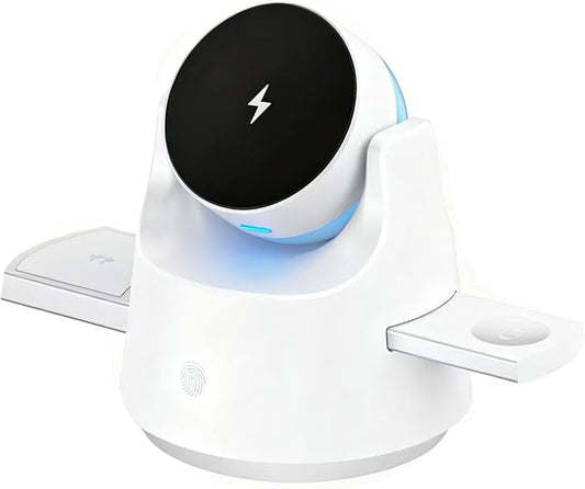 3-in-1 Wireless Charger for iPhone Apple Watch &amp AirPods Smart Wireless Charging Station with RGB Night LightMotorized Expandable Dock with 110° Rotation 15W MagSafe CE/FCC Certified (White)