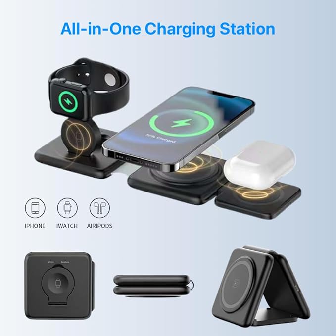 Wireless Charging Station 3 in 1 Foldable Magnetic 15W Travel Multiple Devices Fast Charger for iPhone 16/15/14/13/12 Series AirPods 3/2/Pro/Pro2 iWatch (Black)