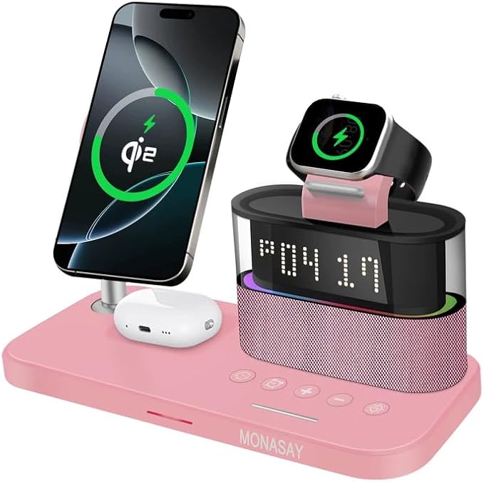 MONASAY Qi2 5 in 1 Wireless Charging Station 23W Wireless Charger with Alarm Clock for Devices Magnetic Charger Stand for iPhone 16/15/14/13/12 Series and AirPods Apple Watch Series Rosegold