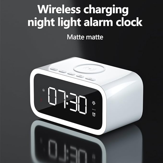 AYI 4in1 Smart Wireless Charging Alarm Clock with Mirror Display | 15W Fast Charger for Phone &amp Earbuds 3 Group Alarms Warm White/Yellow Night Light Temperature Display Extra USB Port-White