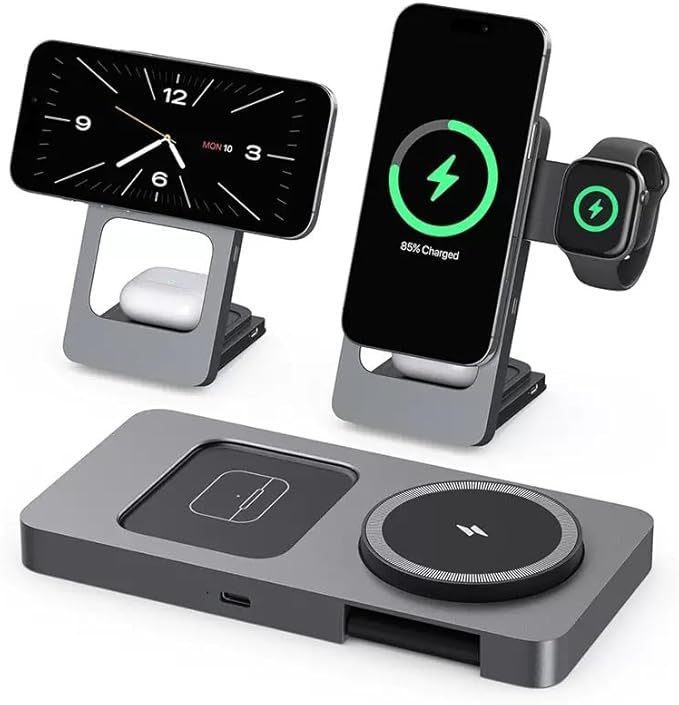 3 in 1 Wireless Charging Station for iPhone 17 16 15 14 13 12 Apple Watch 10 9 8 7 6 5 4 3 2 SE Ultra AirPods 4 3 2 Pro 15W Fast Charger Stand (Gray)