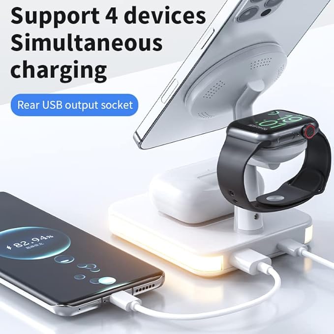 Magnetic Desk Wireless Charger Hub 3-in-1 – 15W Fast Wireless Charging Station with Night Light Compatible with Latest iPhone AirPods Apple Watch for Home &amp Office (White)