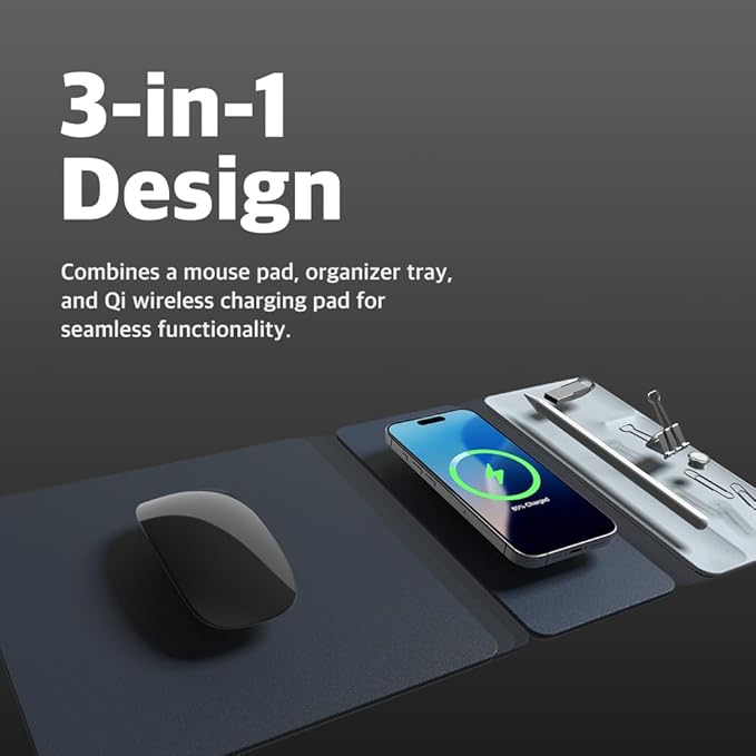 POUT H3 Split Max 3-in-1 Wireless Charging Mouse Pad – Fast Qi Charger Mousepad Mat and Magnetic Tray Organizer – Compatible with Smartphones and Earbuds (Pacific Blue)