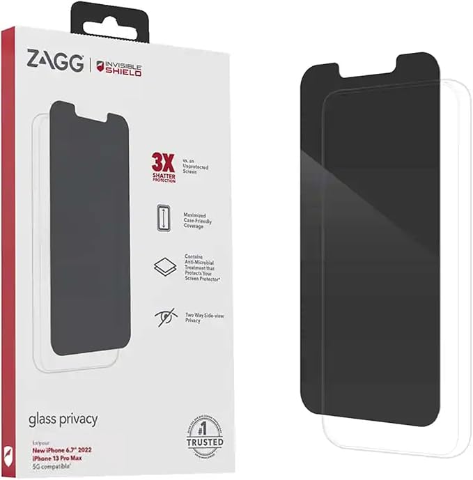ZAGG InvisibleShield Glass Privacy Screen Protector for iPhone 13 PRO MAX – 3X Impact and Scratch Protection Strongest Tempered Glass Smudge-Free Smooth Silky Feel Two-way Side View Privacy