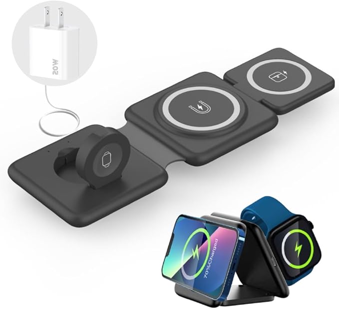 Wireless Charging Station 3 in 1 Foldable Magnetic 15W Travel Multiple Devices Fast Charger for iPhone 16/15/14/13/12 Series AirPods 3/2/Pro/Pro2 iWatch (Black)