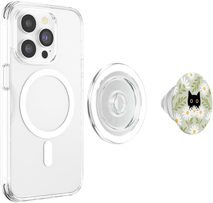 Cute Daisy Flower Floral Black Cat Sage Green Women Girls PopSockets PopGrip for MagSafe