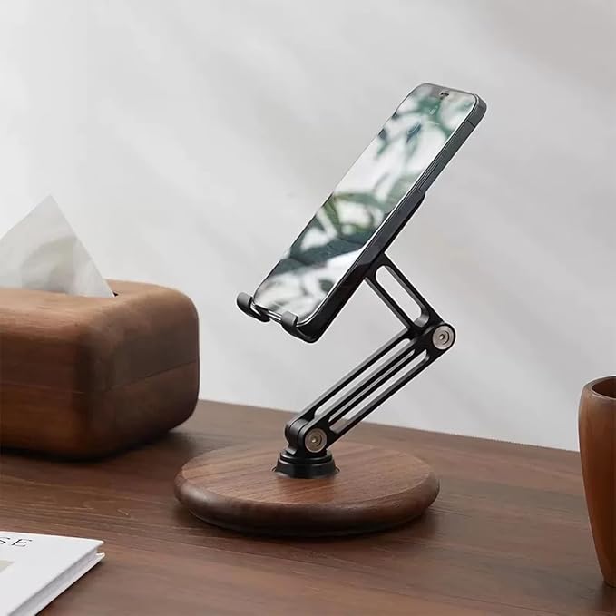 iPhone Stand for Desk Phone Stand Adjustable Foldable Cell Phone Holder 360 ° Rotation Compatible with iPhone 17 16 15 14 13 12 Pro Xs Xs Samsung Galaxy Tablets All Phones Walnut Wood