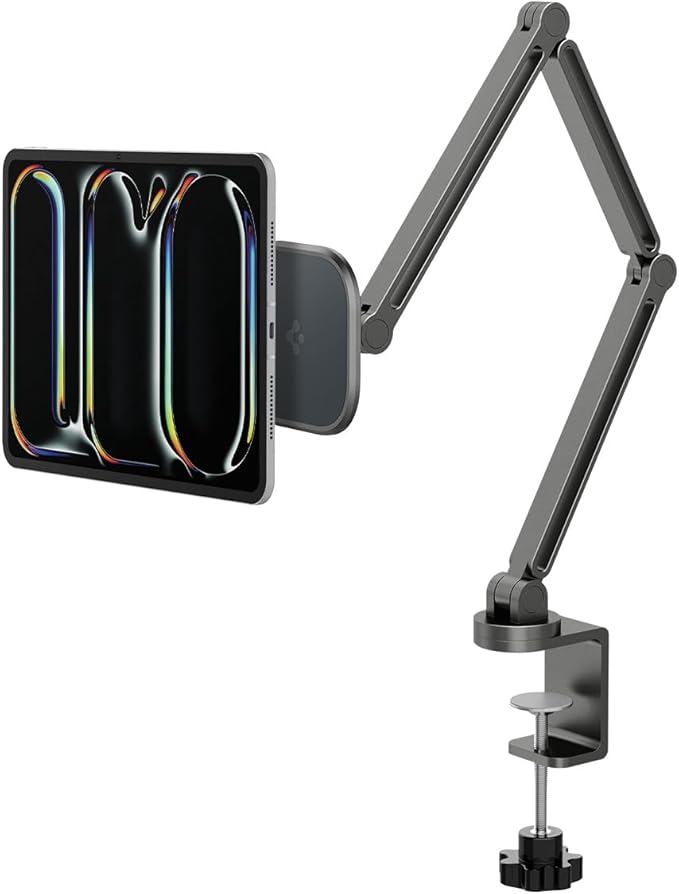 Spigen OneTap Clamp Tablet Stand Designed for All iPad/Pro/Air/Mini Models Compatible with 8.3 / 10.9 / Pro 11 / 12.9 / 13 Premium Adjustable Multi-Angle Magnetic Stand - Space Gray