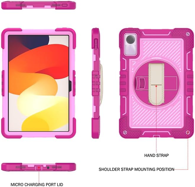 Tablet Case for Xiaomi Redmi Pad SE 11.0 inches Tablet Shockproof Cover with 360° Rotating Stand and Wrist Strap Shoulder Strap Red Rose+Pink