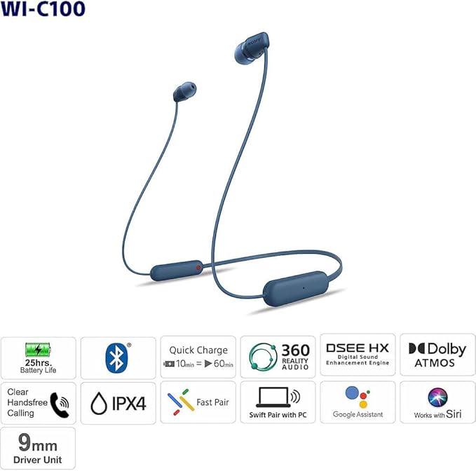 Sony WI-C100 Wireless in-Ear Bluetooth Headphones with Built-in Microphone White