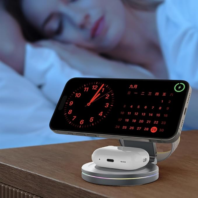 Metal Rotating Wireless Charging Stand for Phone Smartwatch Devices 3 in 1 Function Auto Dimming Lights Compact Foldable