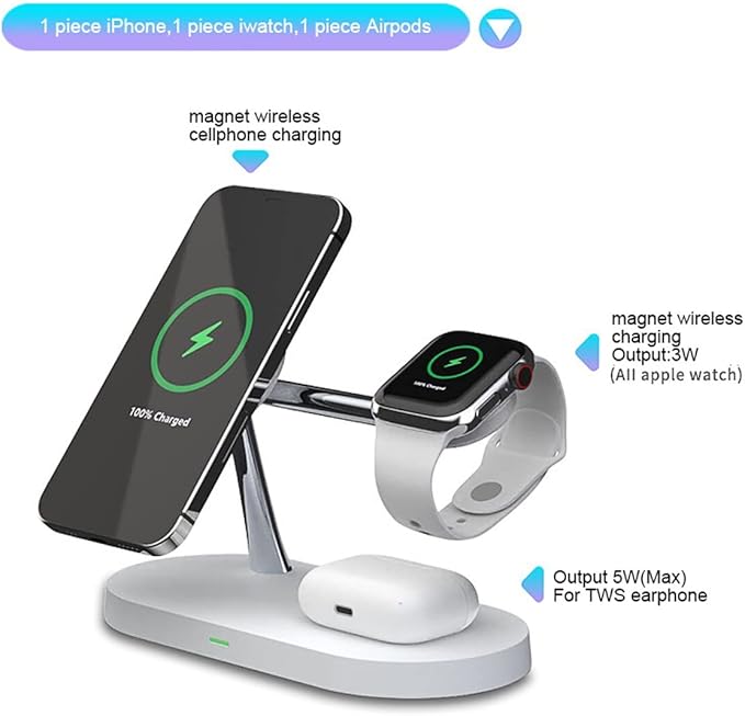 5 in 1 Magnetic Wireless Charging Stand 15W Fast Mag-Safe Charging Station with Neutral Light Design for iPhone 17/16/15/14/13/12 Series iWatch 7/SE/6/5/4/3/2 Airpods 3/2/Pro (White)