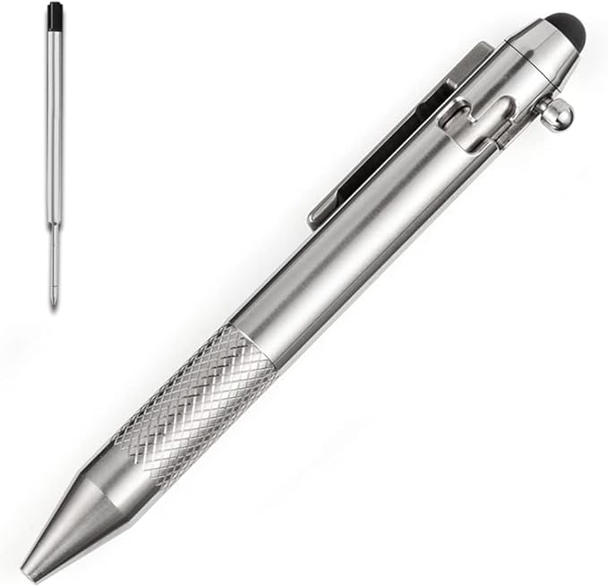 Cool Hand 4.9'' Titanium Bolt Action Pen Stylus for Touch Screen Ballpoint Ink Refillable Compact Size Skelton Out Deep Pocket Clip for Easy Carring