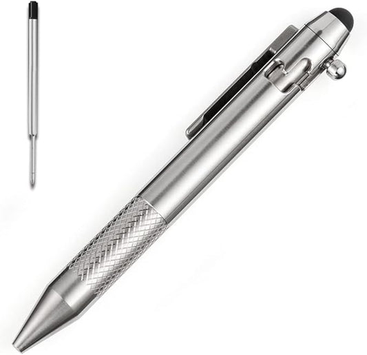 Cool Hand 4.9'' Titanium Bolt Action Pen Stylus for Touch Screen Ballpoint Ink Refillable Compact Size Skelton Out Deep Pocket Clip for Easy Carring