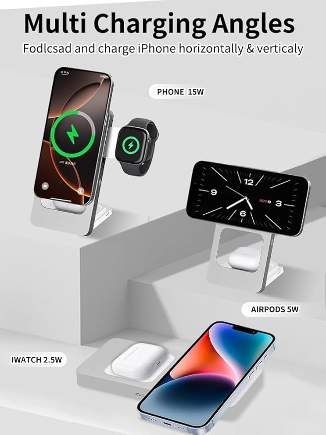 3 in 1 Wireless Charging Station for iPhone 17 16 15 14 13 12 Apple Watch 10 9 8 7 6 5 4 3 2 SE Ultra AirPods 4 3 2 Pro 15W Fast Charger Stand (Silver)