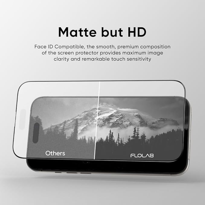 FLOLAB NanoArmour ONETIME MAX for iPhone 16 Pro Max Matte 3D Screen Protector Anti Glare 3D Tempered Glass PolarSpectra Anti-Rainbow Edge Reinforced Easy Install Dust-Free Scratch Resistant