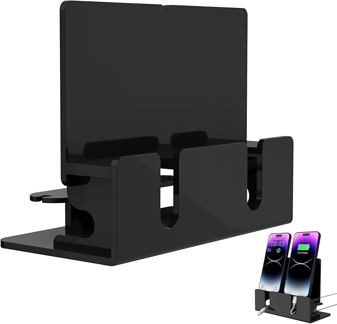 Dual Phone Holder Organizer Stand for 2 Phones Acrylic Desktop Universal Mobile Phone Docking Station Charger Holder with Cable Management Black