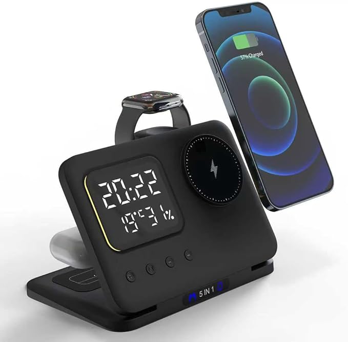 IHAO 5in1 Multi Functional Wireless Charger with Digital Clock 15W Fast Charge Night Light Temperature Display MagSafe Compliant for iPhone iWatch and Qi Headphone-DH13 Black
