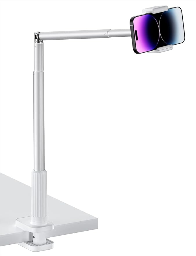 Viozon Phone Holder Flexible Long ArmOverhead Mount360° Angle AdjustableAluminum Alloy C Clamp for Headboard Bedside&ampTable&ampDeskCompatible with 3.5-6.9 PhoneiPhone 16 15 Plus/Pro Max W