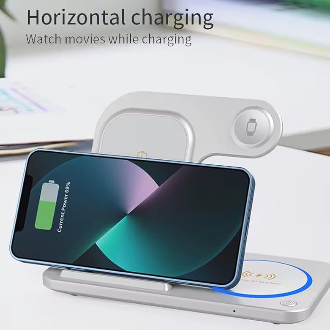3 in 1 Foldable Wireless Charging Stand for iPhone – Fast Charge Adjustable Angle Compatible with iPhone &amp Android - Travel Ready (White)