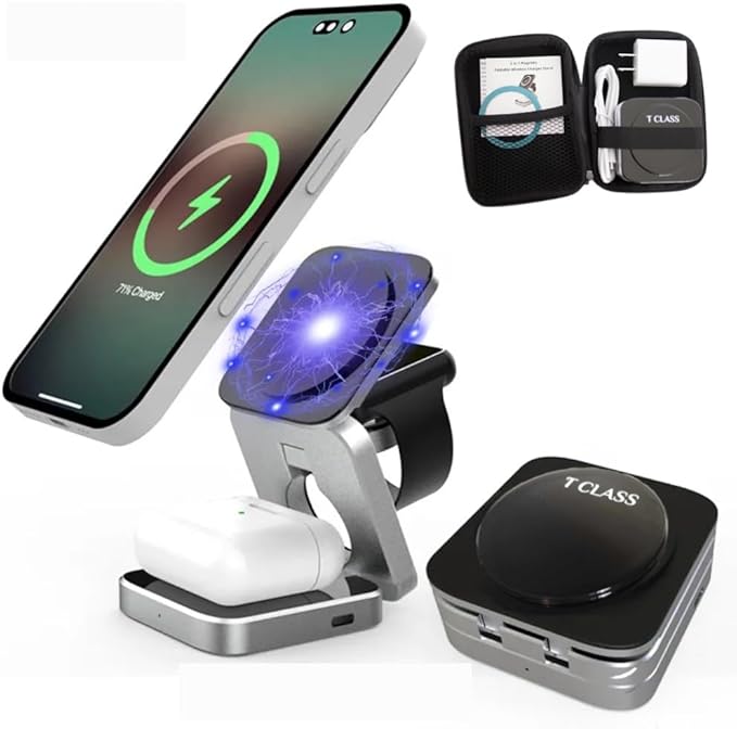 Wireless 3 in 1 Magnetic Charging Station Portable Foldable Fast Charge Travel | Black and Silver Mobile Phone Holder | with Extra Magnetic Ring | New Anti-Slip Earbud Base Charger