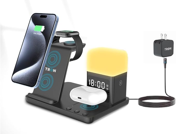 Tron Multifunction 6 in 1- Wireless Charger Fast Charging for iPhone Apple Watch &amp Airpods with Lamp &amp Clock TR20 Model