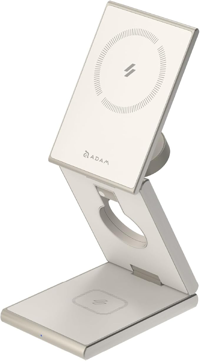 ADAM elements Mag Z 3-in-1 Foldable Travel Charging Station Magnetic Wireless Charger for iPhone 17-12 Apple Watch AirPods &amp Samsung Galaxy Watch Compact Stand for Desk &amp Travel (Titanium)