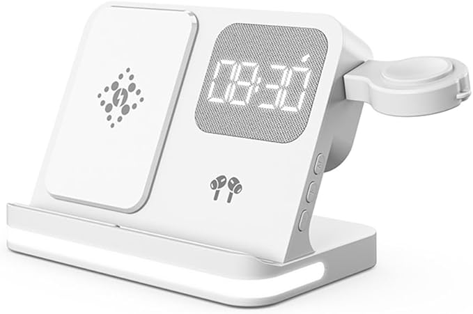 AYI 4in1 Multi Functional Wireless Charging Station with Digital Alarm Clock 15W Fast Charger Night Light Wireless Charger for All Qi Phone and Earbud Headphone Compliant with i-Watch-B22 White