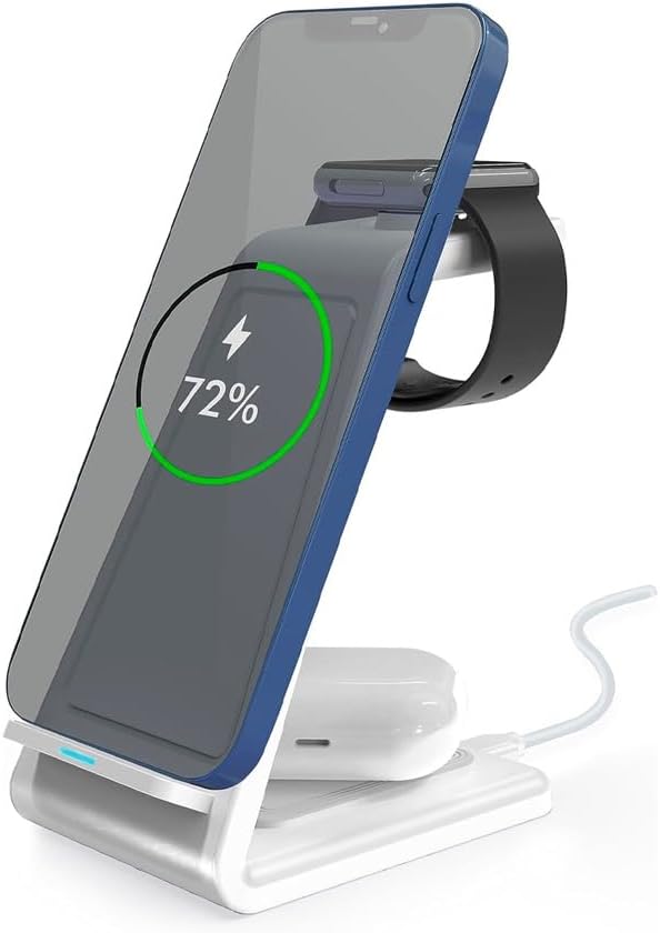3-in-1 Magnetic Wireless Charger – Fast Charging Dock for iPhone Apple Watch &amp AirPods – Foldable Stand with USB-C Cable (White)