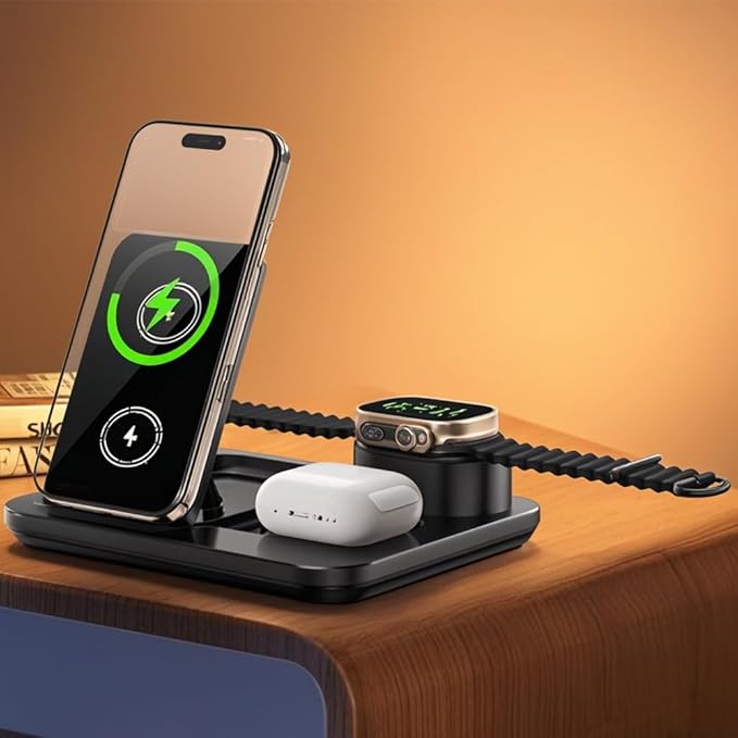 IHAO 3in1 Auto-Rising Wireless Charging Station 15W Fast Charge Ultra-Slim Foldable Design Wireless Charger for Phone Watch Earbud QC3.0 &amp PD Compatible