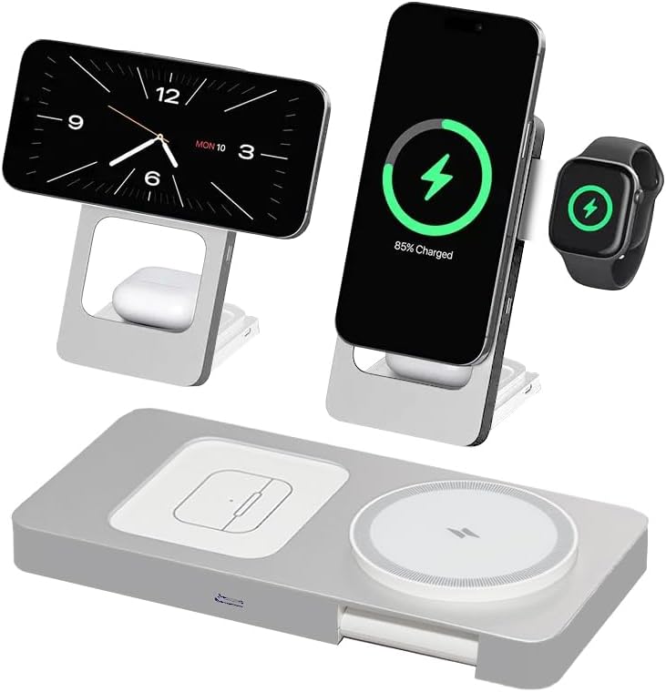 3 in 1 Wireless Charging Station for iPhone 17 16 15 14 13 12 Apple Watch 10 9 8 7 6 5 4 3 2 SE Ultra AirPods 4 3 2 Pro 15W Fast Charger Stand (Silver)