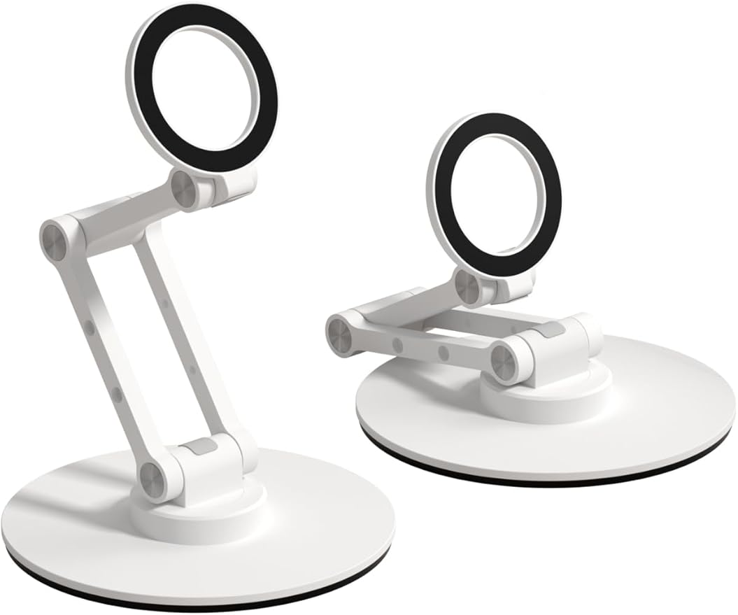 Hagibis Magnetic Phone Stand for MagSafe 360° Rotation Foldable Triaxial Aluminum Desk Phone Holder Height Adjustable for iPhone 17 16 15 Pro Max (White)