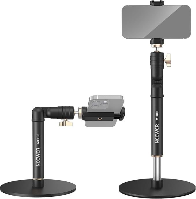 NEEWER Cell Phone Stand for Desk Adjustable Office Table Phone Holder Mount Compatible with iPhone Samsung for Video Recording Filming 360° Ball Head Foldable Arm Weighted Metal Base MT010